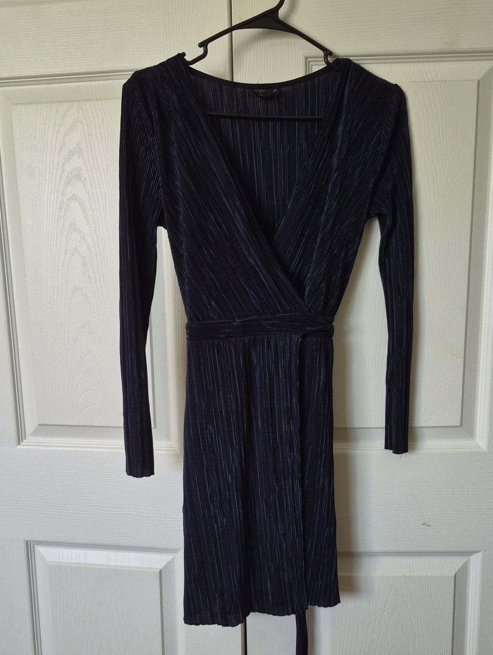 Topshop Navy Blue Pleated Wrap Dress with Long Sleeves
